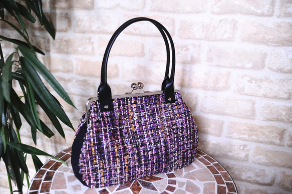 紫☆ツイード生地☆カラフル☆がま口ショルダー＆ハンド2wayバッグ