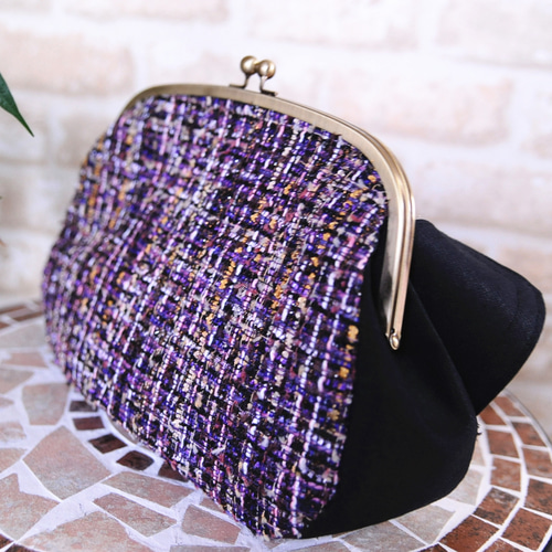 コーチ 8F45 がま口ポーチ ミニバッグ パーティーバッグ ツイード スエード 紫ツイード生地肩幅広5cm☆軽量☆肩こりしない☆ビッグサイズがま口