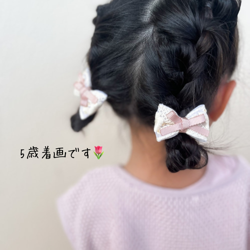 キッズリボンヘアゴム2本 インド刺繍リボンブルーグレー ツイン