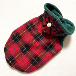 犬服 タータンチェック柄のニット生地のパーカータンクトップ（赤色