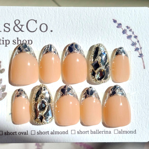 着画あり】ネイルチップNo.103 ガラスフレンチ ビジューネイル 埋め