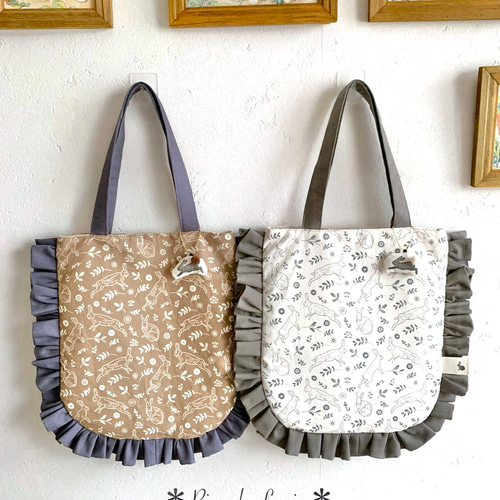 ウサギだらけのフリルトートバッグ【ホワイト】 トートバッグ  