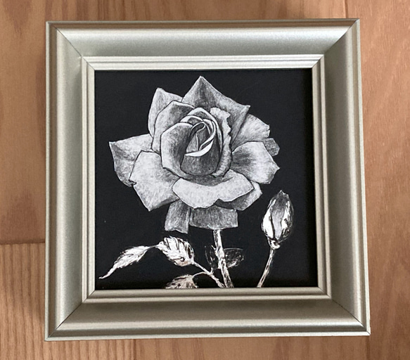 47 アンティーク　手描き　落款入　　薔薇（ばら） 銀の薔薇（ミニ額縁入り原画） 絵画 キモトヒロコ 通販 18345009