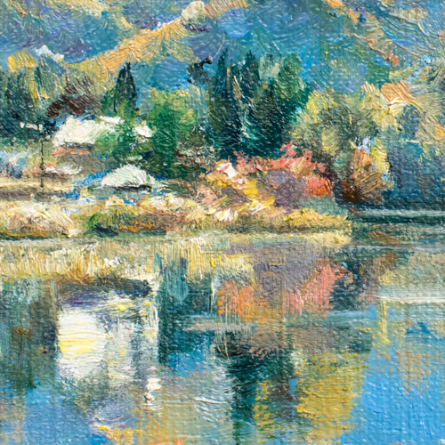 紅葉映す静寂-青木湖】ミニ油絵原画 額付き・特典付き ギフト