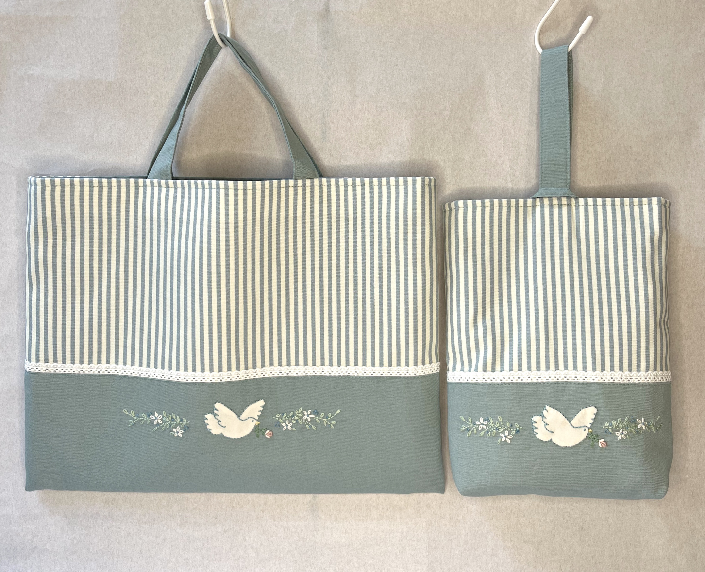 鳥と小花のレッスンバッグ、シューズバッグ2点セット(ターコイズ)