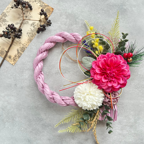 No.132 カラーしめ縄リース2025 ハンドメイドお正月飾り玄関リース