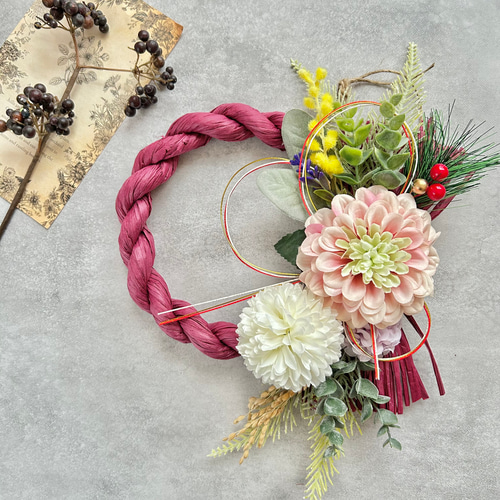 お正月飾り　お飾り　しめ飾り　しめ縄リース No.133 カラーしめ縄リース2025 ハンドメイドお正月飾り玄関リース