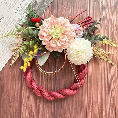 No.133 カラーしめ縄リース2025 ハンドメイドお正月飾り玄関リース