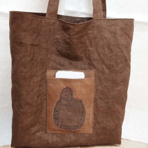 柿渋染め リネントートバッグ ロゴポケット トートバッグ Some Mono