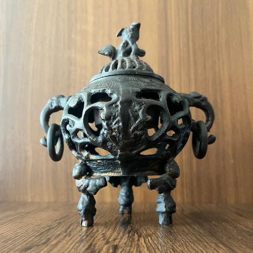 唐金 獅子摘み唐子香炉｜耳輪可動｜直径14cm 高さ15cm｜重厚な趣ある