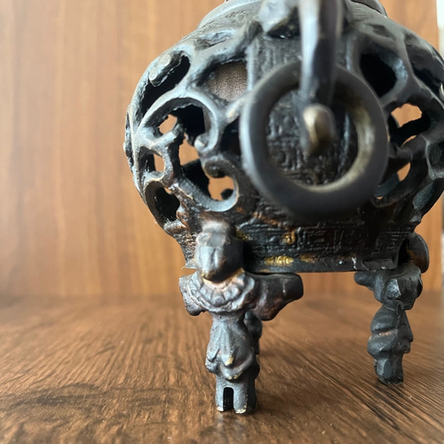 唐金 獅子摘み唐子香炉｜耳輪可動｜直径14cm 高さ15cm｜重厚な趣ある