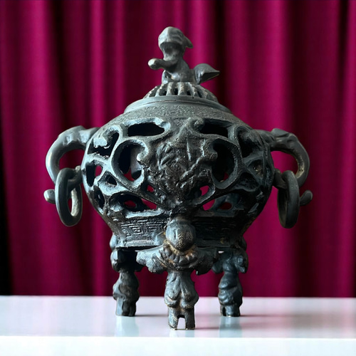 唐金 獅子摘み唐子香炉｜耳輪可動｜直径14cm 高さ15cm｜重厚な趣