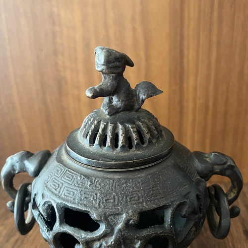唐金 獅子摘み唐子香炉｜耳輪可動｜直径14cm 高さ15cm｜重厚な趣ある