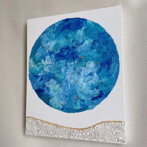 優しい光と波✴︎絵画 アクリル画 天然石 パネル アート 作品 青  