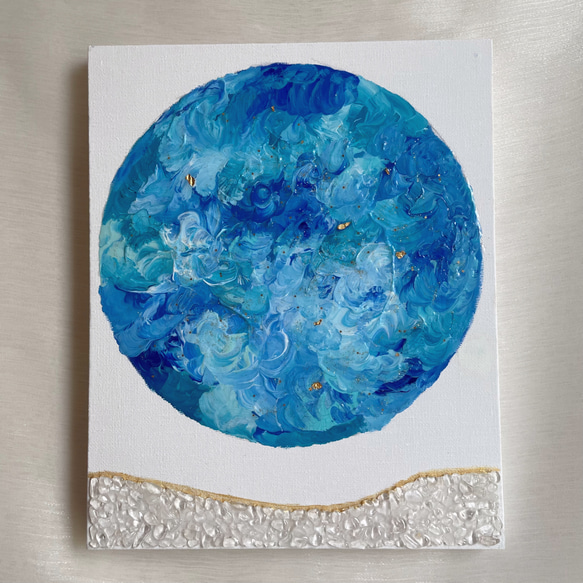 優しい光と波✴︎絵画 アクリル画 天然石 パネル アート 作品 青