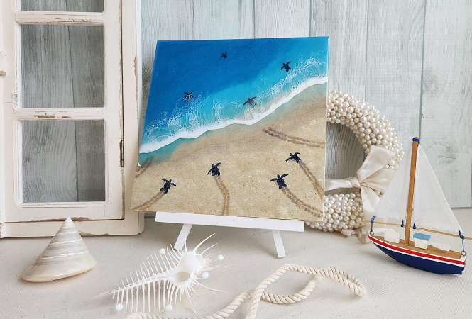 【セール】可愛らしいウミガメ赤ちゃんのオーシャンレジンアート　パネル