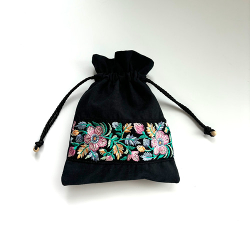 ハーフリネン×インド刺繍リボンの巾着ポーチ 巾着バッグ テイク 通販  