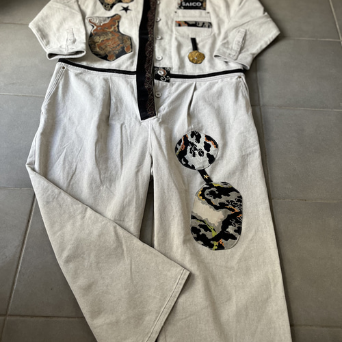 扇面と組紐に唐獅子　前ボタンワンピース　着物リメイク　ロングジャケット　刺繍 231 留袖ワンピース 獅子刺繍着物リメイク ロング 手づくりの綺羅