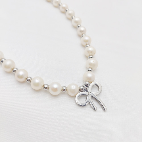 淡水パールデザインネックレス プレゼント ステンレス リボン ハート