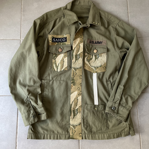 ドヤ顔孔雀JK ミリタリージャケット帯パッチワークJK リメイク