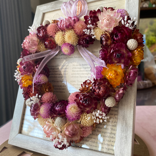 ハートのリース フォトフレームアレンジ ドライフラワー 七色の花 通販