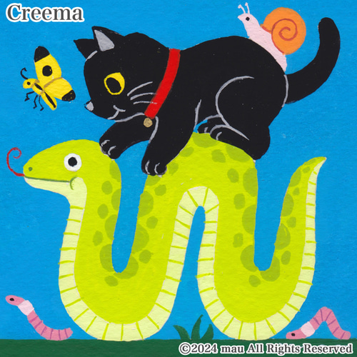 原画「へびとねこの大行進〜黒猫」2025年の干支 巳年のアート絵画