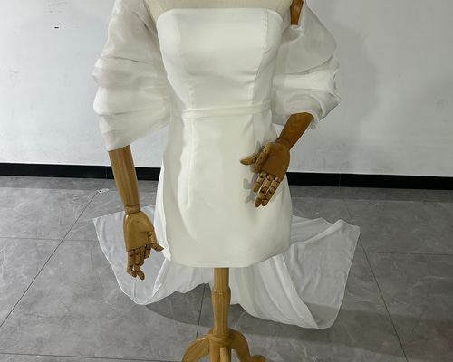 フランス風 ウエディングドレス ミニドレス ふわふわ袖 ロングトレーン