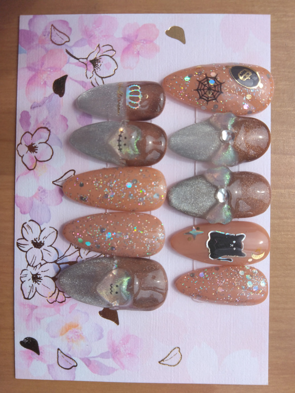 オレンジベージュマグネットネイル 07 クリアハート ハロウィン