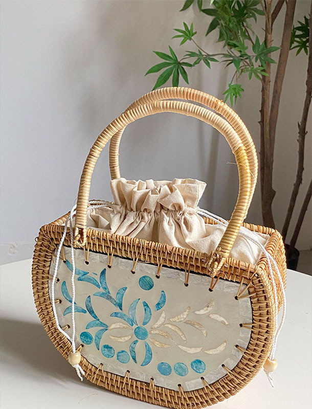 純手作り籐編み収納ピクニック旅行バスケット手編みハンドバッグ