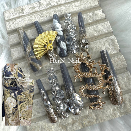 成人式ネイルチップロングポイント扇子ネイル2026年 グレードラゴン扇子成人式振袖ネイルチップ ネイルチップ（つけ爪