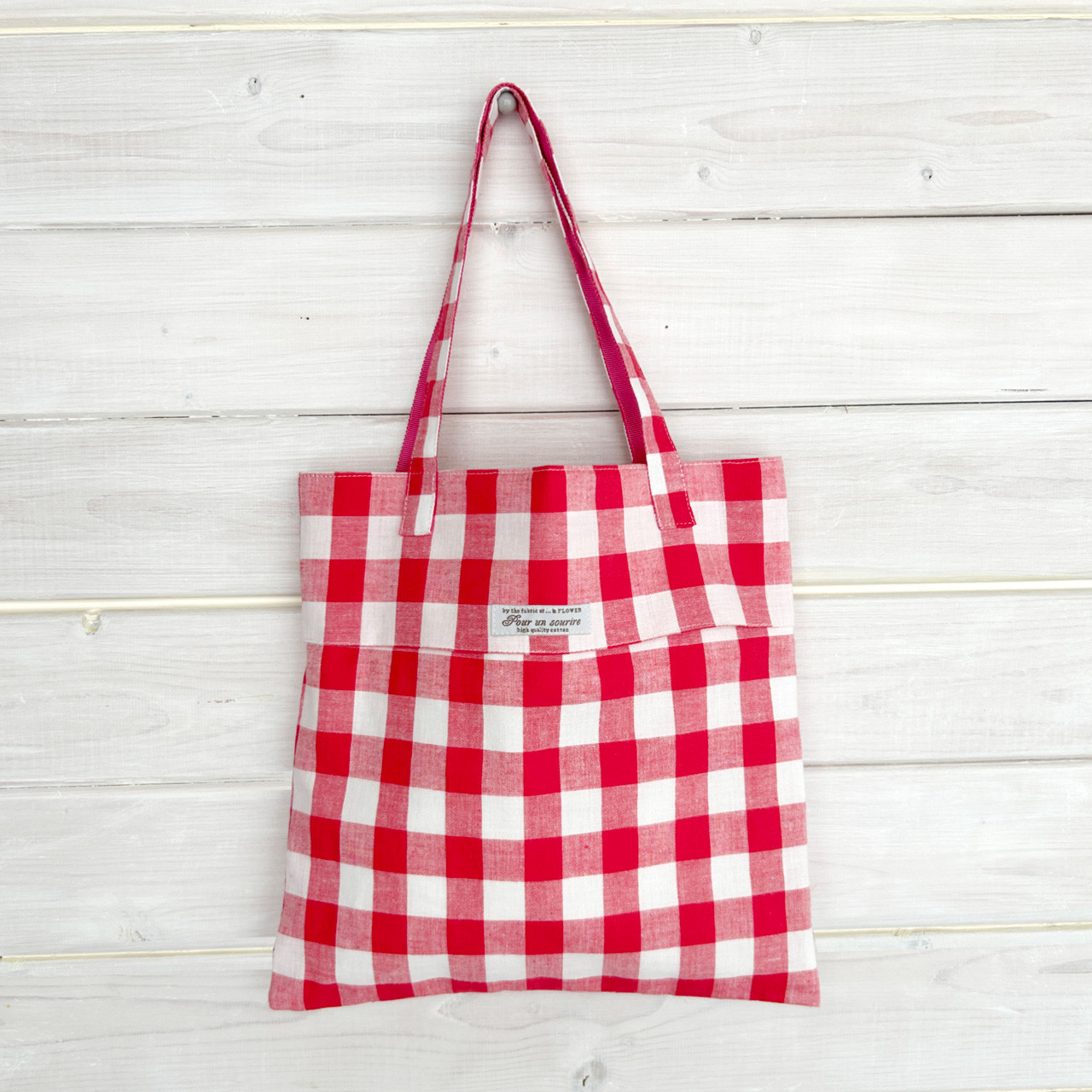 コットンのブロックチェックのトートバッグ（裏地付き）