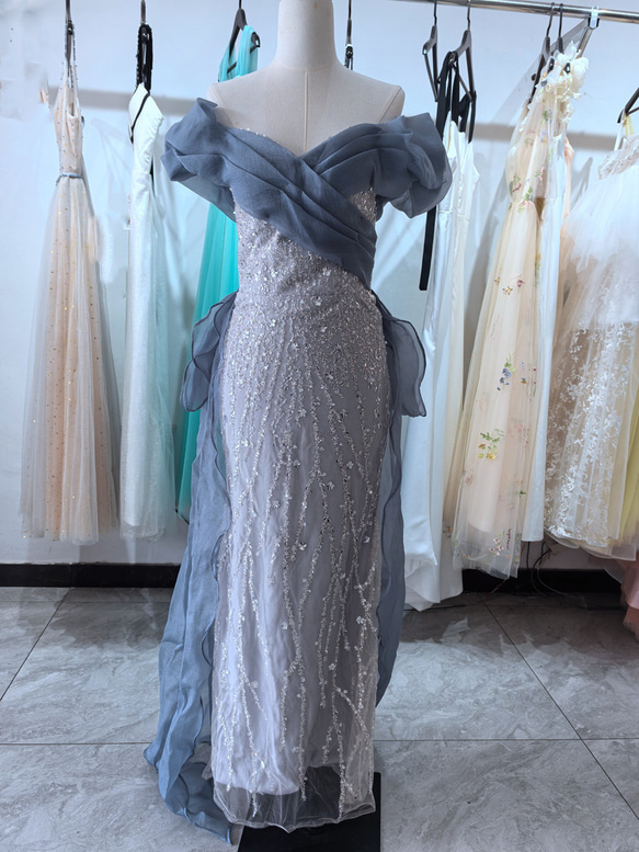 大好評！ キラキラレース ブルーグレーカラードレス ビジュードレス  