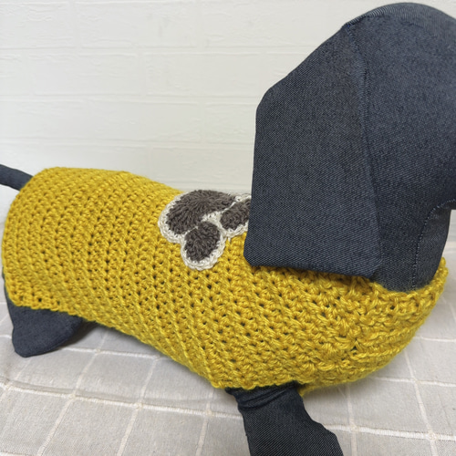 犬服 手編み 肉球ニット♡ 冬服 マスタード カラシ色 ダックス ペット