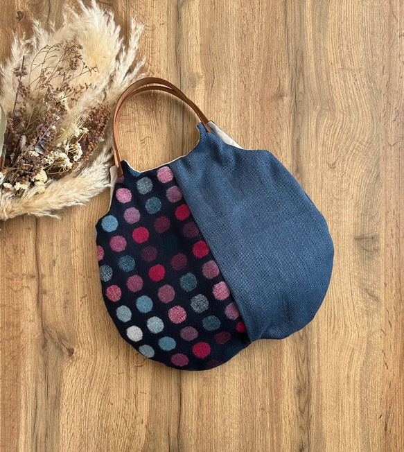 ★秋冬くったりバック★グレーカラフルドットウール混＆ざっくりリネン　【受注製作】 1枚目の画像