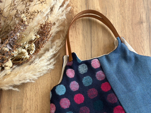 ★秋冬くったりバック★グレーカラフルドットウール混＆ざっくりリネン　【受注製作】 3枚目の画像