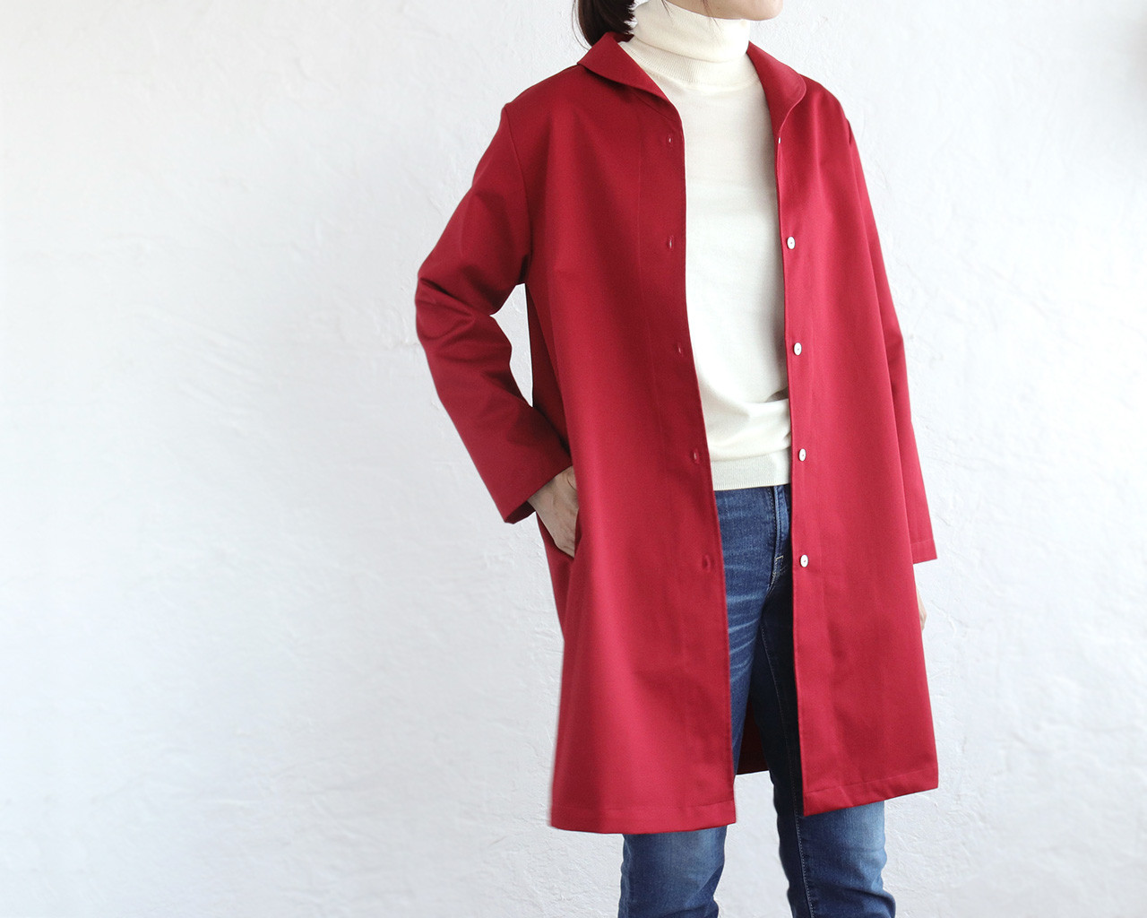 秋から春まで役立つ一枚 コットンツイルショールカラー ジャケットコート （レッド）CO08