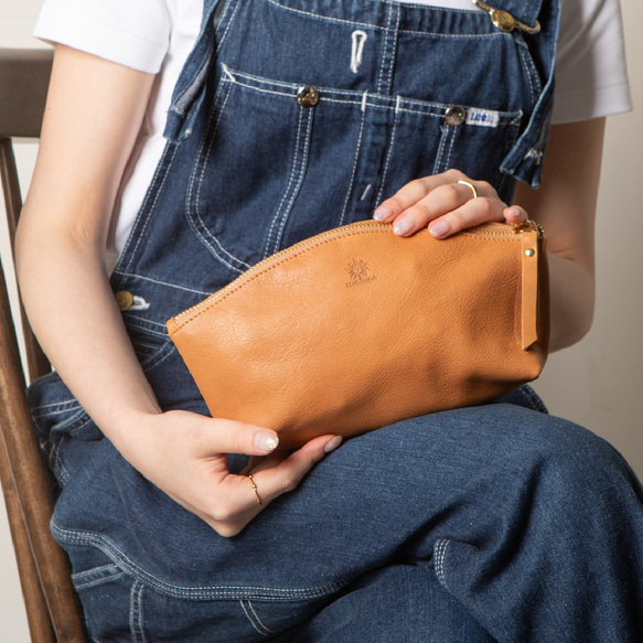 大容量真皮鉛筆盒/化妝包，粉米色，HAK058 第1張的照片