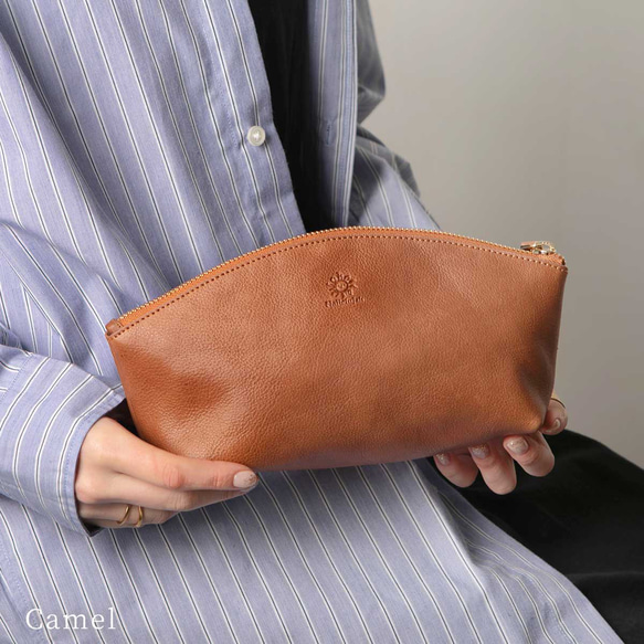 大容量真皮鉛筆盒/化妝包，粉米色，HAK058 第5張的照片