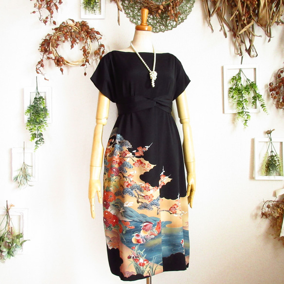 大きめサイズ】着物ドレス◎鴛鴦◎細見え縦長シルエット&オール  