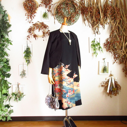 大きめサイズ】着物ドレス◎鴛鴦◎細見え縦長シルエット&オール  