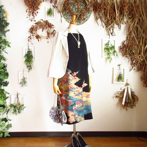 大きめサイズ】着物ドレス◎鴛鴦◎細見え縦長シルエット&オール  