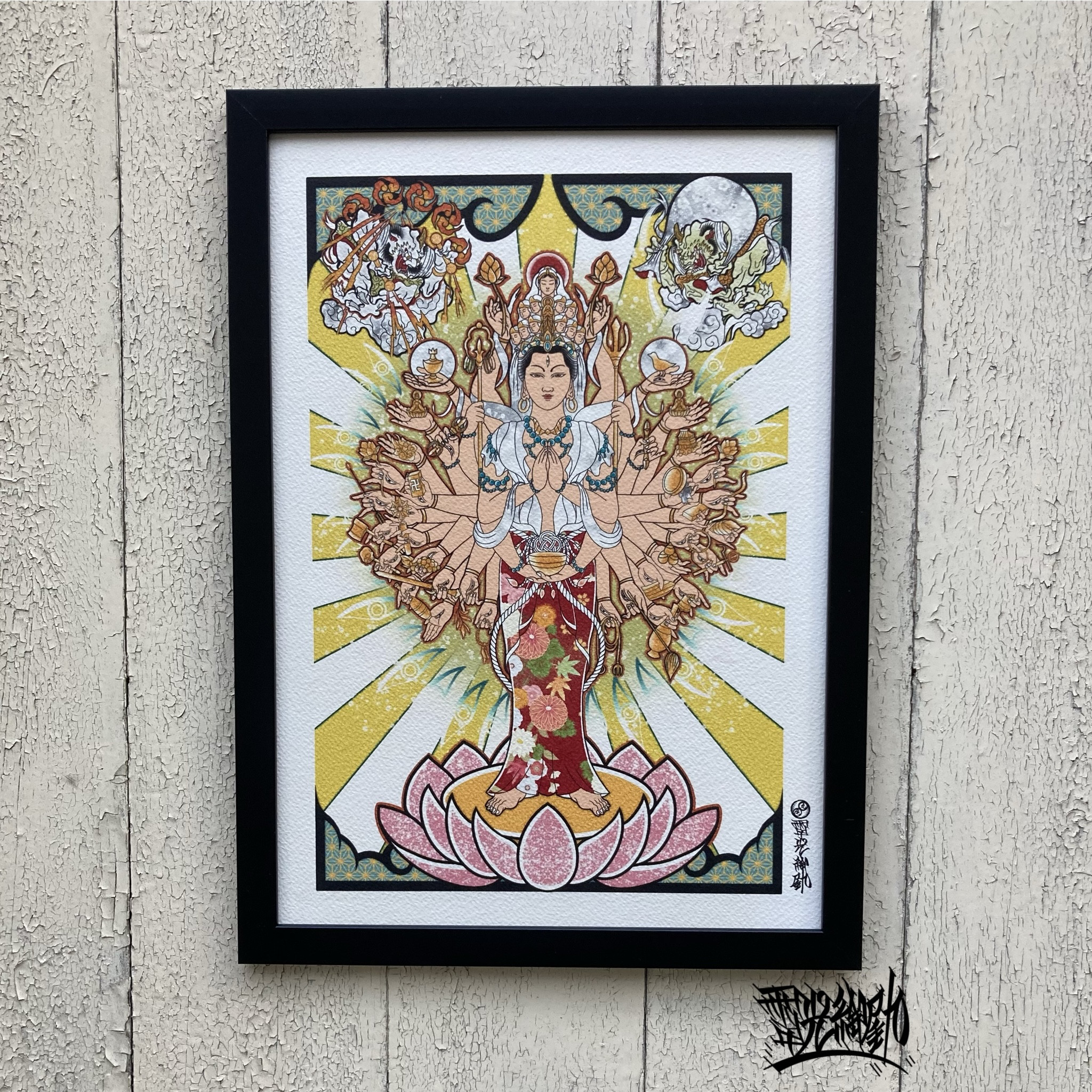 千手観音・風神雷神 吉祥画 和風イラスト A4 フレーム付き｜尾九