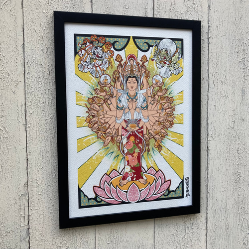 尾九 吉祥画 千手観音 風神雷神 A4サイズ 簡易フレーム付き