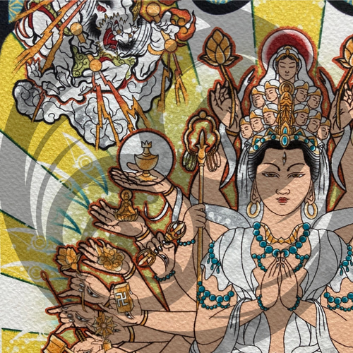 尾九 吉祥画 千手観音 風神雷神 A4サイズ 簡易フレーム付き イラスト