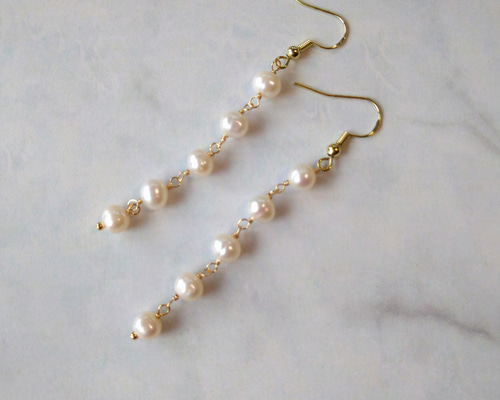 淡水パール5連 ピアス/イヤリング コットンパール 金属アレルギー対応