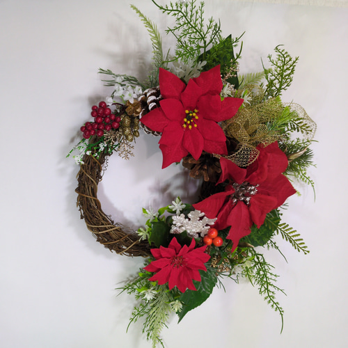 ♥赤色ポインセチアの素敵なクリスマスリース 一点物 玄関リース
