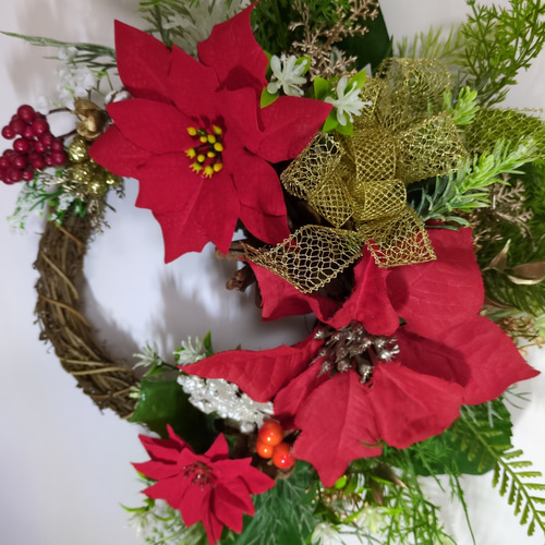 ♥赤色ポインセチアの素敵なクリスマスリース 一点物 玄関リース