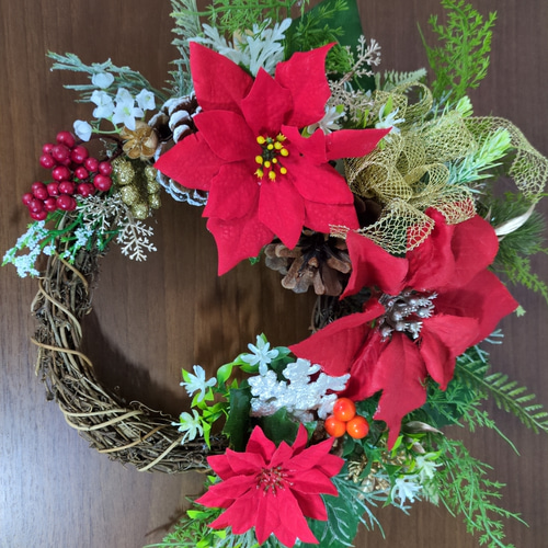♥赤色ポインセチアの素敵なクリスマスリース 一点物 玄関リース
