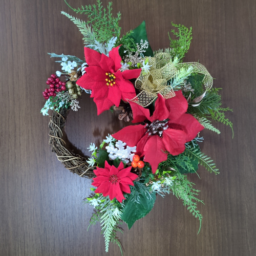♥赤色ポインセチアの素敵なクリスマスリース 一点物 玄関リース