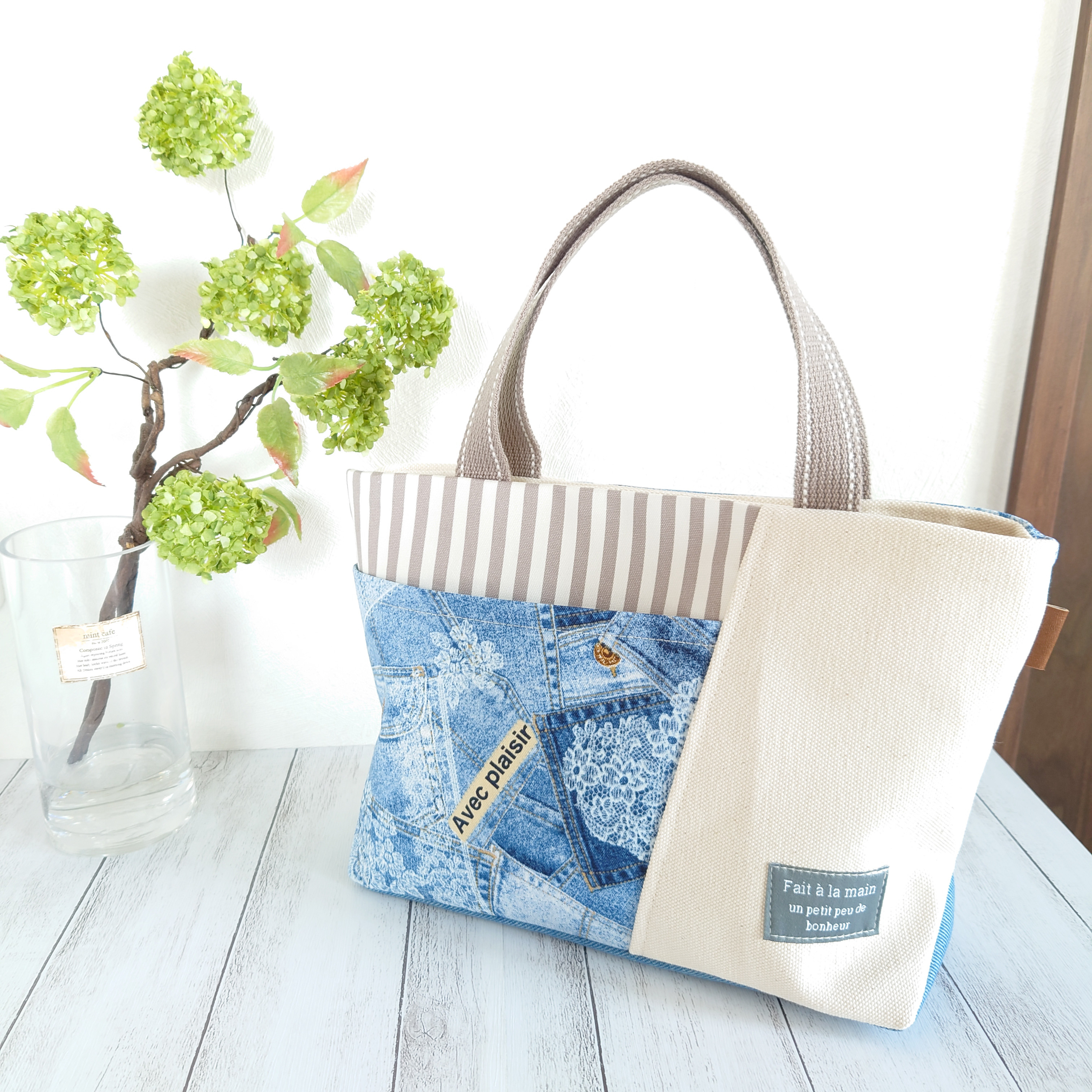 23 デニムリメイク 楕円底 レトロアニマル サロペット バッグ ハンドメイド